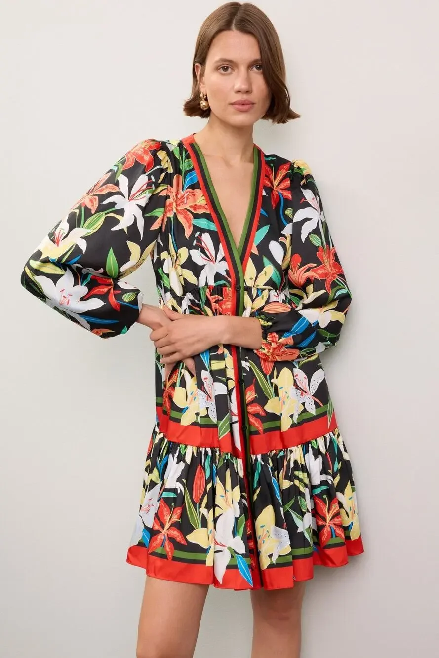 Kate Spade SzL Summer Lillies Floral Print Resortwear Vacation Long Sleeve Dress